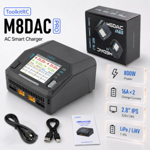 Зарядное устройство ToolkitRC M6DAC PRO — двухканальное AC/DC 300W/800W, 28A, LiPo/LiHV/Li-ion/LiFe/LTO 1–6S, NiMH 1–16S, Pb 1–10S для FPV-дронов и RC-моделей